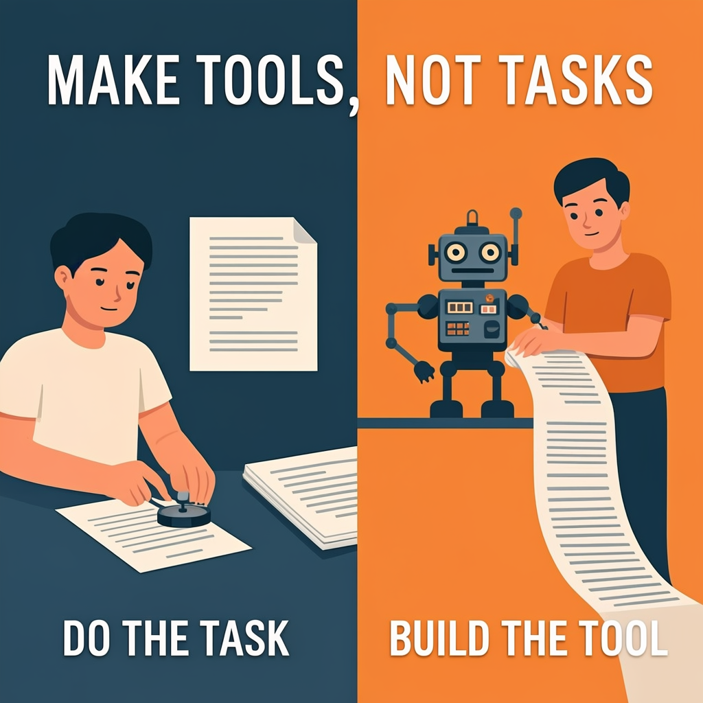 Split illustration contrasting DO THE TASK with BUILD THE TOOL