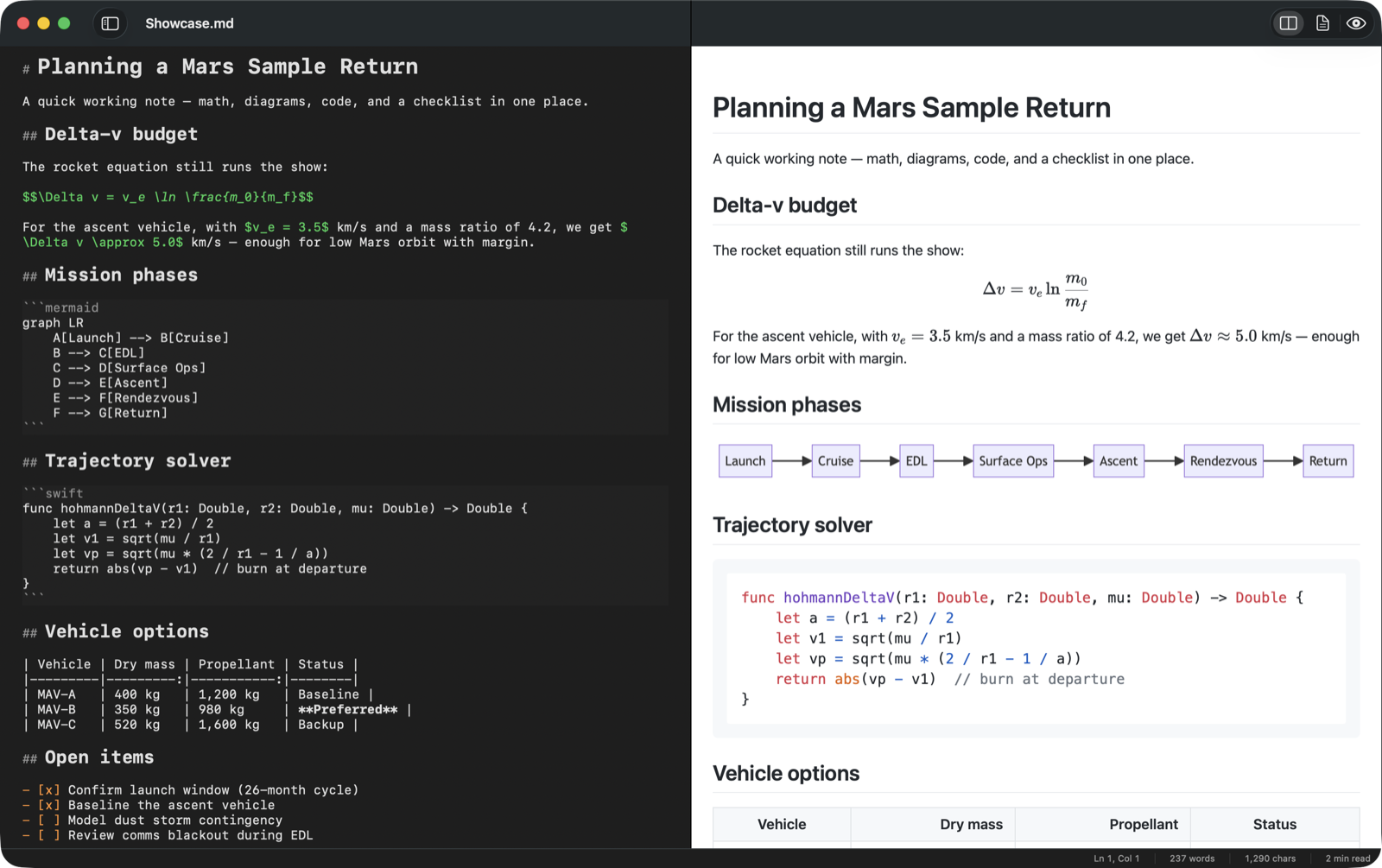 MarkdownEditor in dark mode: markdown source on the left, rendered math, a Mermaid diagram, and Swift code on the right